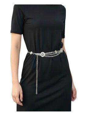 Silver Multi-Layered Chain Belt With Circular Accents Y2K Style Adjustable Lengt